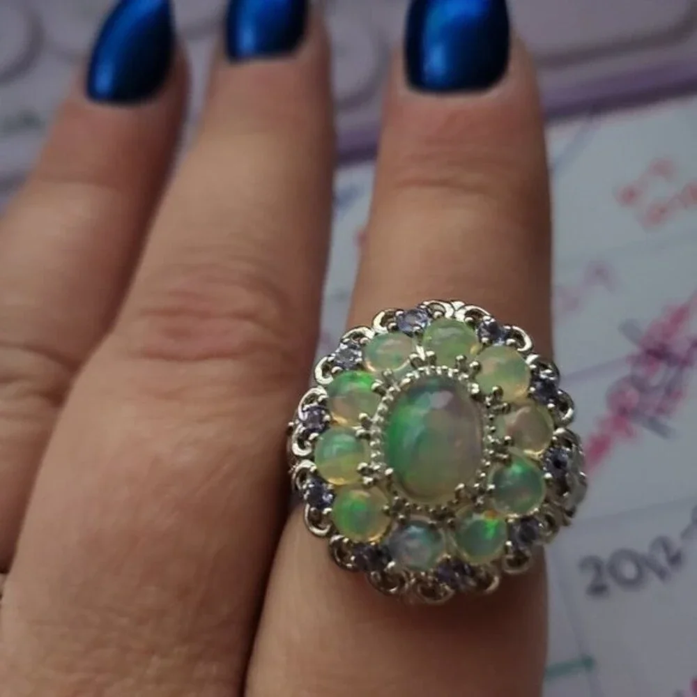Snow-in-summer Floral Cluster Opal & Tanzanite Sterling Silver Ring